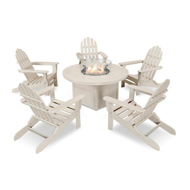 POLYWOOD Classic Folding Adirondack 6-Piece Conversation Set W/ Fire Pit Table - Sand